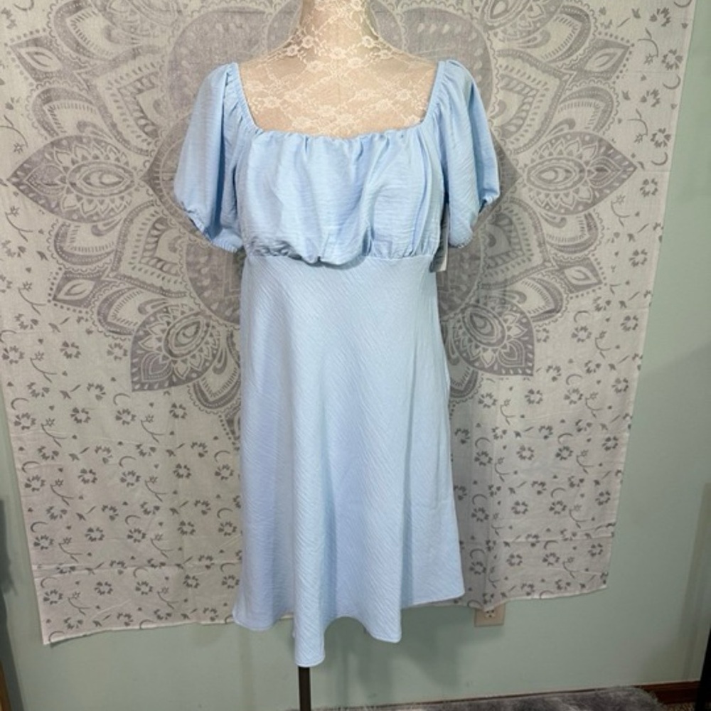 Nwt $26 No Boundaries NoBo Puff Sleeve Tie Back Crinkle Mini Dress Baby Blue XL
